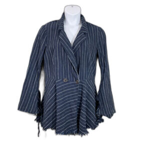 Free People Blazer Women's Large Blue Double Breasted stripes bell sleeves Flaws
